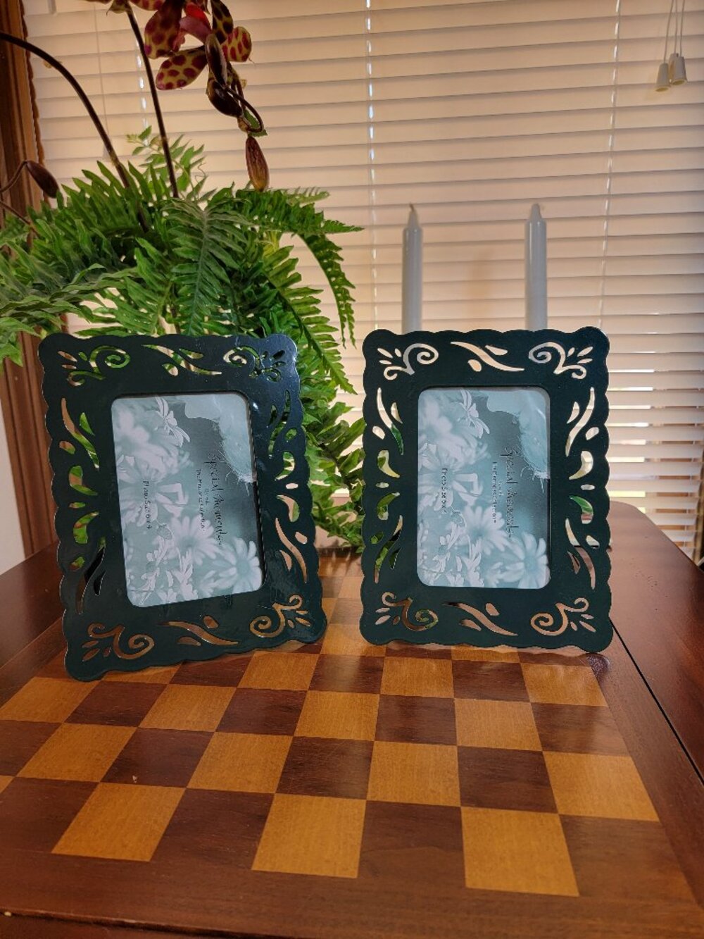 Ornate Enamel Picture Frames with Floral Filigree Design Set of 2